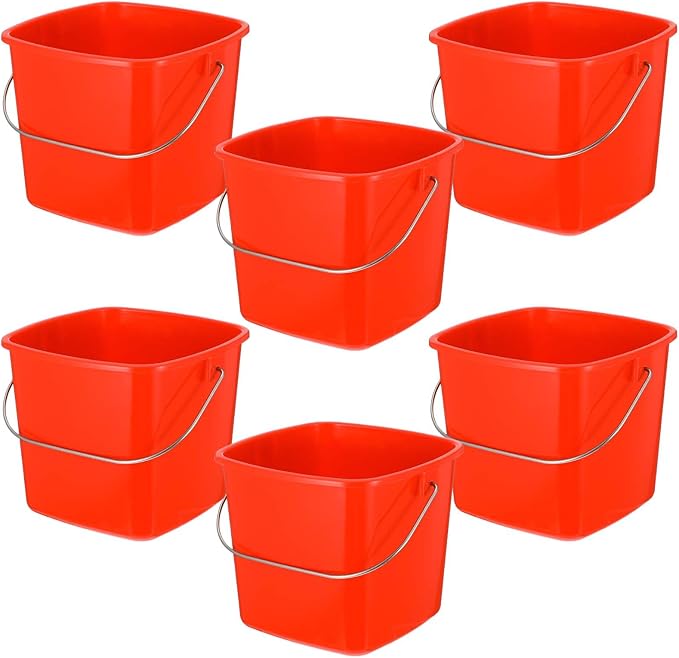 6 Pcs 3 Quart Plastic Cleaning Bucket, Small Square Detergent Pail with Handles, Utility Bucket for Home, Office, Kitchen, School, Commercial Use,（Red）
