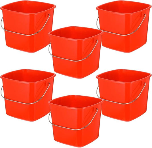 6 Pcs 3 Quart Plastic Cleaning Bucket, Small Square Detergent Pail with Handles, Utility Bucket for Home, Office, Kitchen, School, Commercial Use,（Red）