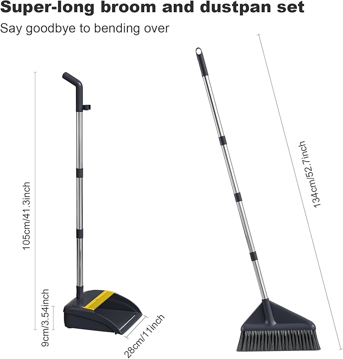 MOPUP Broom and Dustpan Set, 52 inch Long Adjustable Handle Broom with Dustpan Teeth to Self-Cleaning Clean Hair Suitable for Home Kitchen Office