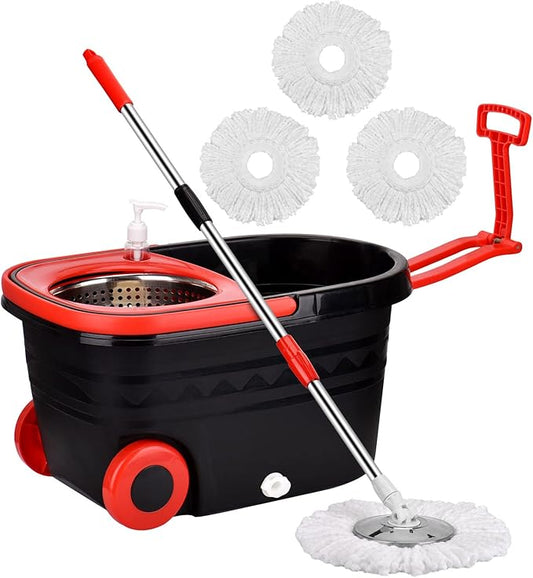 Mop and Bucket Set, 360° Spin Mop and Bucket with Wringer Set and 3 Microfiber Mop Refills, Stainless Steel 61'' Extended Handle Spinning Mop Bucket System for Floor Cleaning