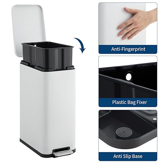 Garvee 13 Gallon Kitchen Trash Can, Stainless Steel Step Garbage Bin with Soft-Close Lid & Removable Bucket, Fingerprint Proof, Slim for Narrow Spaces, Bathroom or Office (White+Silver, 13 Gallon)
