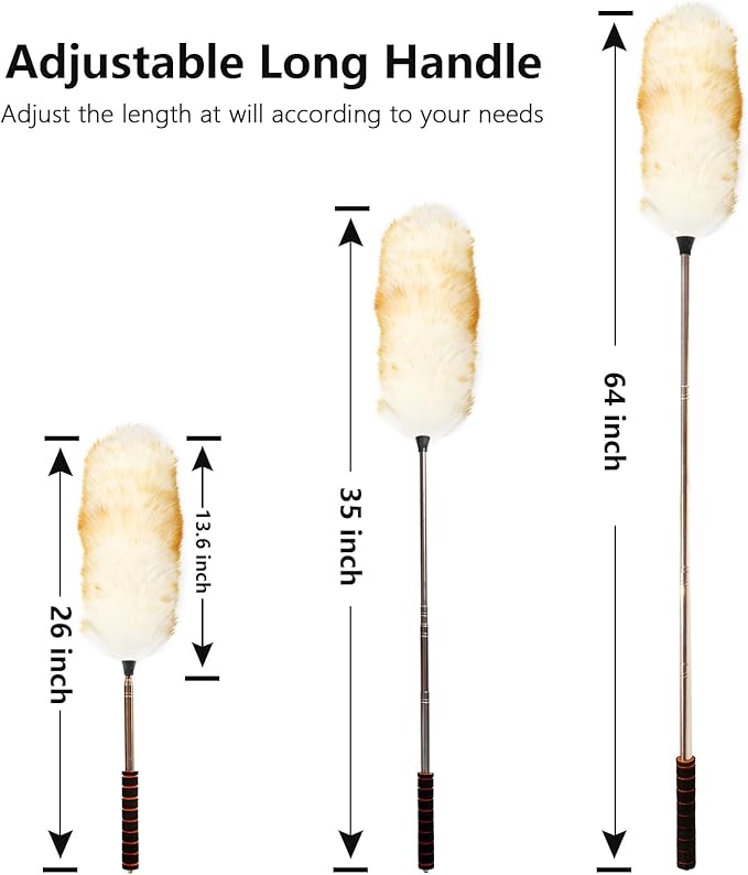Lambs Wool Extendable Household Cleaning Duster 64" Wall Duster Cleaner with Stainless Steel Long Handle and Extension Pole for Cleaning High Ceiling Fan Interior Roof, Yellow&White