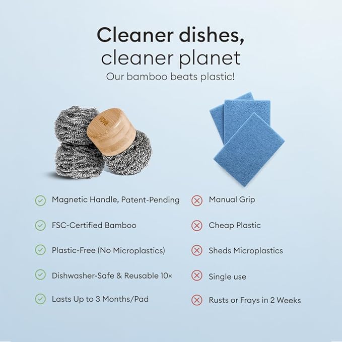 Vove Magnetic Scourer & Bamboo Dish Brush Set, Stainless Steel Scrubber with FSC-Certified Bamboo Handle and 3 Pads, Sisal Fiber Brush, for Cast Iron, Pots & Pans, Eco-Friendly Kitchen Cleaning Bundle
