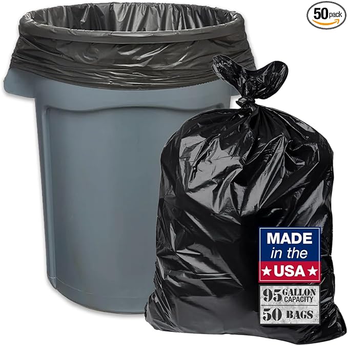 95-96 Gallon Extra-Large Black Garbage Can Liners, Heavy-Duty Trash Bags, 50 Bags, 1.5 Mil Thick, Ideal for Commercial & Home Use