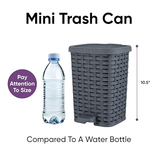 Superio Mini Trash Can with Foot Pedal Small Outdoor Garbage Can with Lid, 1.5 Gallon Plastic Waste Basket for Bathroom, Bedroom, Kitchen, Office, Patio (Wicker Grey 6 QT.)