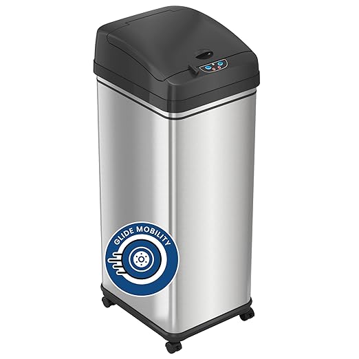 iTouchless Rolling 13 Gallon Sensor Kitchen Trash Can with Lid and Wheels, Odor Filter, Stainless Steel, Automatic Kitchen Trashcan Garbage Bin for Home Office Bedroom Living Room Garage Wastebasket