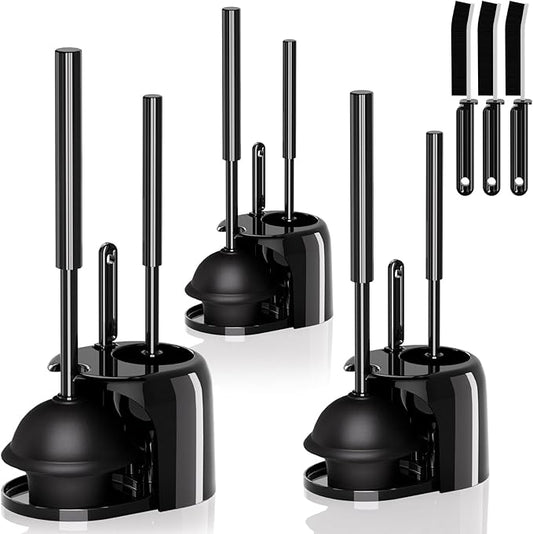 3PACK 3 in 1 Toilet Brush and Plunger Set with Crevice Cleaning Brush, Toilet Plunger and Brush Set with Extra Long Handle, Plungers for Bathroom Accessories, Abrasive Spiral Brushes Black