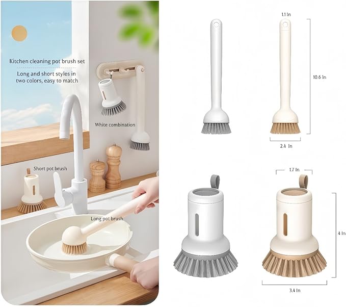 Adjustable Dish Brush with Soap Dispenser, Non-Scratch PET Bristles, Ergonomic Handle, Kitchen Cleaning Tool for Pots, Pans & Sink (Green, Long-1 Piece)