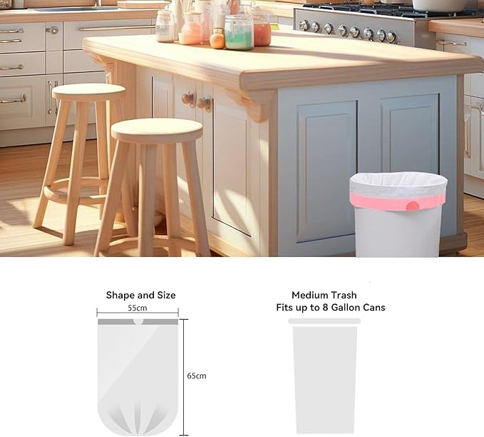 8 Gallon Trash Bags Drawstring, Pack of 40, 8 gal Garbage Bags, 55x65cm Size, 8.4g/pcs, Unscented, White