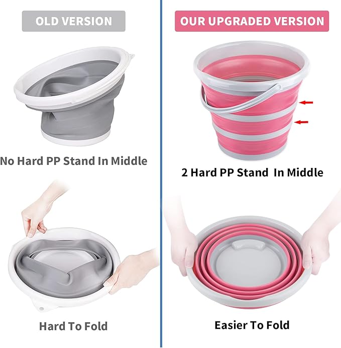 Collapsible Bucket 10L 2.6 Gallon Cleaning Bucket Mop Bucket Folding Foldable Portable Small Plastic Water Supplies for Outdoor Garden Camping Fishing Car Wash Space Saving Grey and Pink