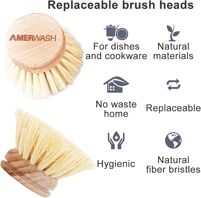 Classic Dish Brush Replacement Head 3 Packs, Natural Bristle Tampico Fiber for All Purpose Cleaning, Kitchen Scrubber