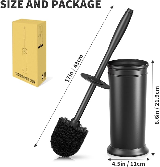 UPTRONIC Toilet Brush, Toilet Bowl Brush with Extra Long Handle Durable Bristles Toilet Scrubber and Covered Holder for Toilet Brush Set for Bathroom Cleaning (Black, 1 Set)