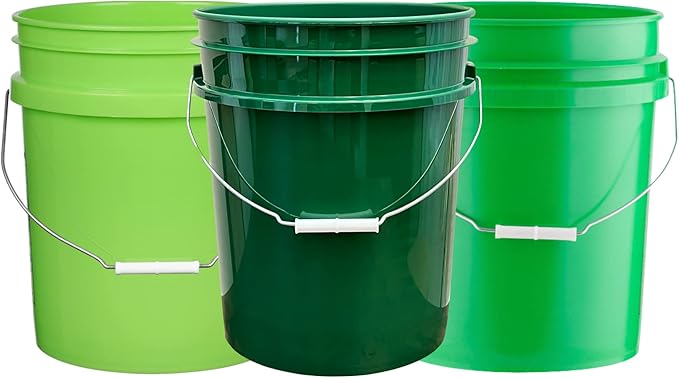 House Naturals 5 Gallon Plastic Green Bucket with Screw on Lid, Food Grade containers, Made in USA pails, Pack of 3