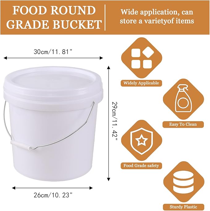 4 Gallon Plastic Food Grade White Bucket with Handle, All Purpose Storage Round Bucket Pail, 6 Packs