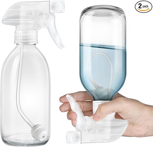 Tecohouse Glass Spray Bottles 8oz, 2 Pack 360° Glass Spray Bottle for Cleaning Upside Down Mister Squirt Bottle with Adjustable Nozzle for Hair, Plants, Pet Clear White Nozzles