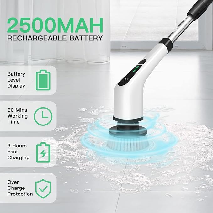 Electric Spin Scrubber Cordless Bath Tub Power Scrubber Bathroom Cordless Cleaning Brush with 7 Replaceable Drill Brush Heads Shower Cleaning Scrubbers with Adjustable Handle for Bathroom Kitchen