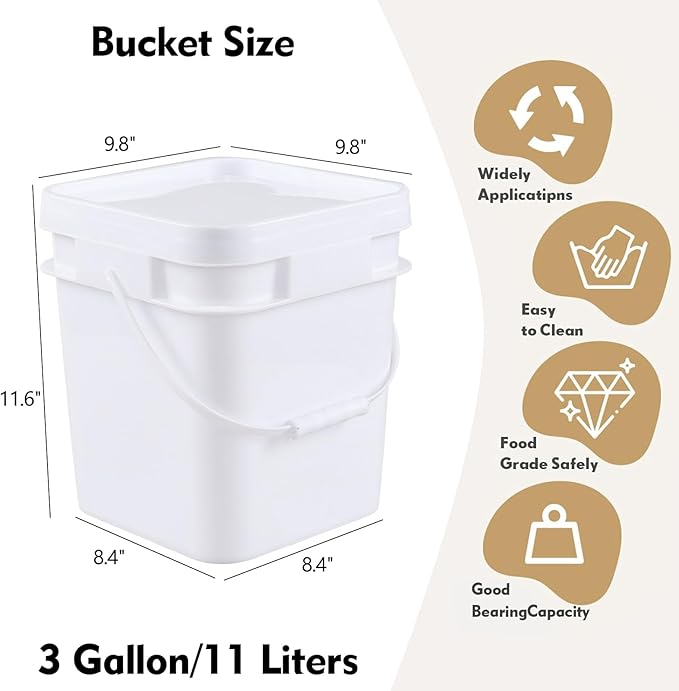 3 Gallon Plastic Bucket with Lid, 4-Pack Square Bucket Pail Food Grade, White