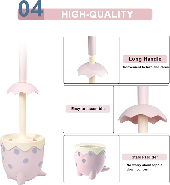 Dinosaur Shape Toilet Brush, Cute, Compact, 1-Pack, Pink, TPR Bristles