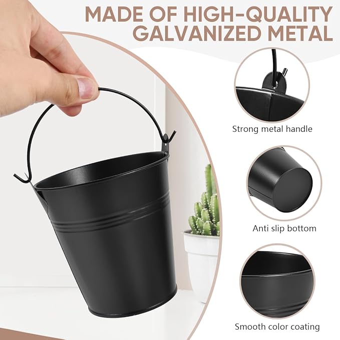 OBTANIM 7 Pack Black Metal Buckets with Handle Galvanized Ice Pails for Plants, Succulents, Party Favors Organizing, Rustic Home Decor or Classrooms Pencil Storage (4 x 2.8 inch)