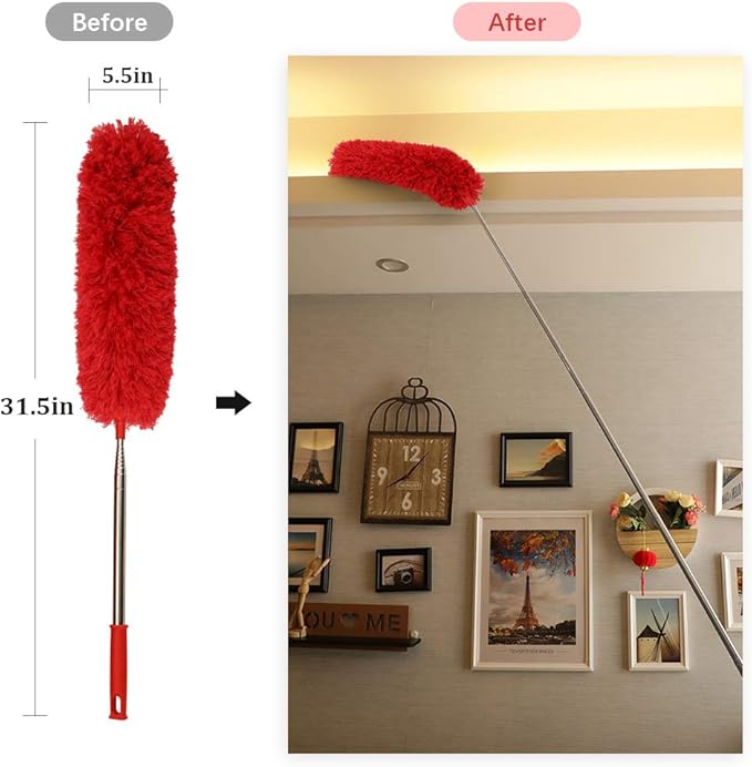 DELUX Microfiber Feather Duster Extendable Cobweb Duster with 100 inches Extra Long Pole, Bendable Head & Scratch-Resistant Hat for Cleaning Ceiling Fan, High Ceiling, Blinds, Furniture & Cars Red