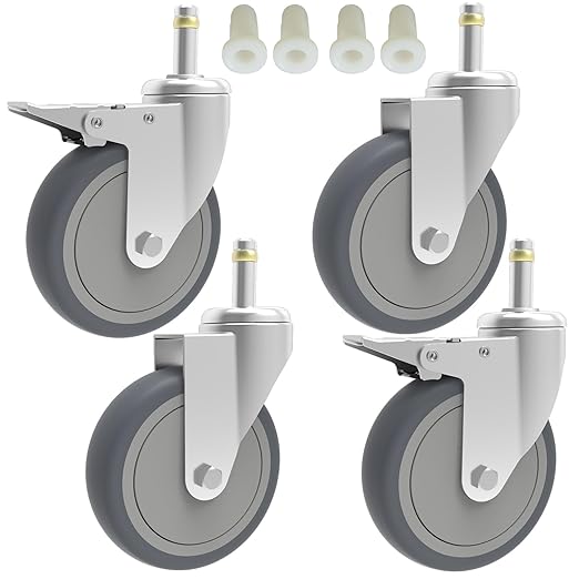 5-Inch Swivel Stem Caster, 7/16-Inch Stem Diameter Rubber Wheel, Heavy Duty TPR Thermoplastic Rubber Replacement Wheels, 225-lb per Wheel- 4 Pack(2 Brakes 2 Swivel)