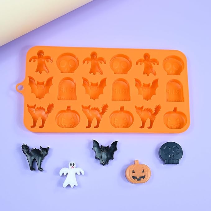 mostsom Chocolate Mold Halloween Silicone Chocolate Molds Pumpkin Bat Skull Ghost Spider Shape Baking Molds for Jelly Soap Fondant Candy Pastry Cake Decorating (H_9x4.6x0.52 inch)