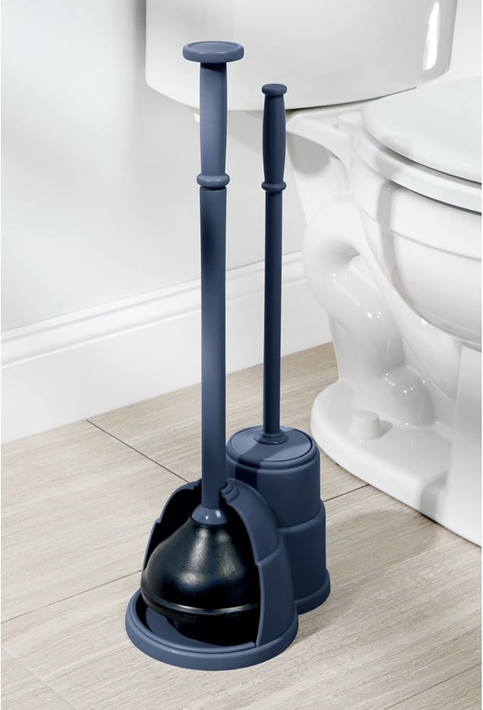mDesign Plunger and Brush Set for Toilet Bowl - Hidden, Modern Toilet Brush and Plunger Set with Caddy - Brush Cleaner and Plunger Combo with Holder for Bathroom - Hyde Collection - Navy Blue