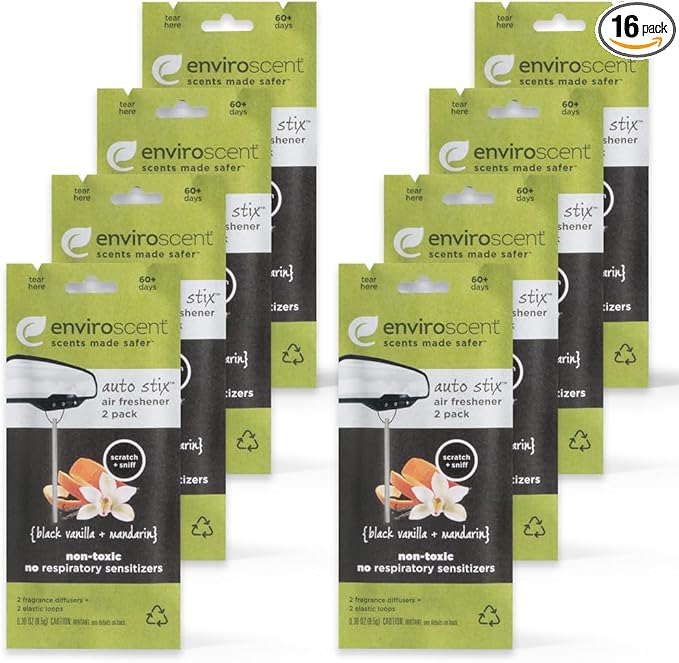 Enviroscent Non-Toxic Car Air Freshener | Natural Car Air Freshener | Essential Oil Diffuser | Car Scent Lasting Over 480 Days | 8 Packs of 2 Hanging Auto Stix (Black Vanilla & Mandarin)