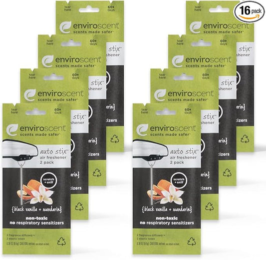 Enviroscent Non-Toxic Car Air Freshener | Natural Car Air Freshener | Essential Oil Diffuser | Car Scent Lasting Over 480 Days | 8 Packs of 2 Hanging Auto Stix (Black Vanilla & Mandarin)