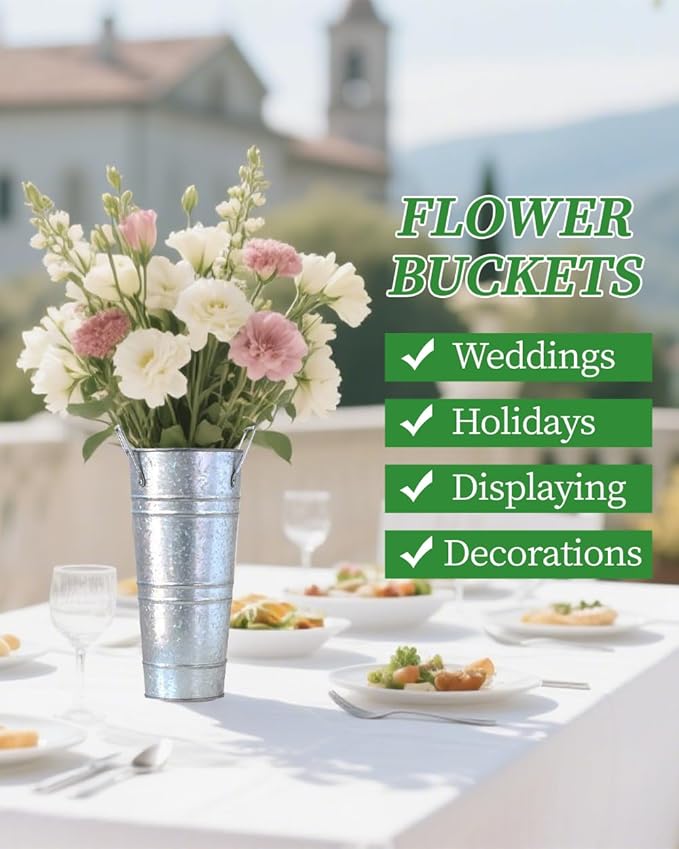 10 Inch Galvanized Flower Buckets - 8 PCS Galvanized Metal Vases for Flowers Tin Flower Holders for Home Decor Wedding Centerpieces Indoor Outdoor Use