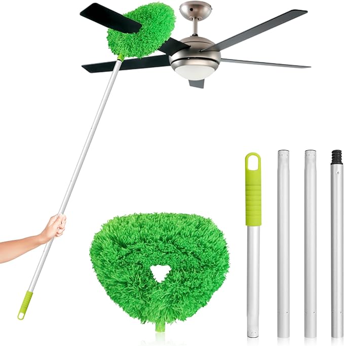 Ceiling Fan Cleaner Duster High Ceiling Extended Fan Blade Cleaner from 13 to 50 Inch Reusable Microfiber Ceiling Fan Duster with Extension Handle for Furniture Bookshelves Wall Door (Green)