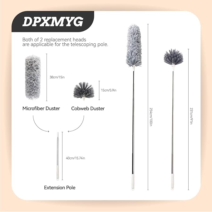 Ceiling Fan Cleaner Duster with Extension Pole, Washable Cleaning Duster Kit with 2 Duster Heads, Cobweb Duster, Corner Brush, 21-100 Inch Long Telescoping Pole