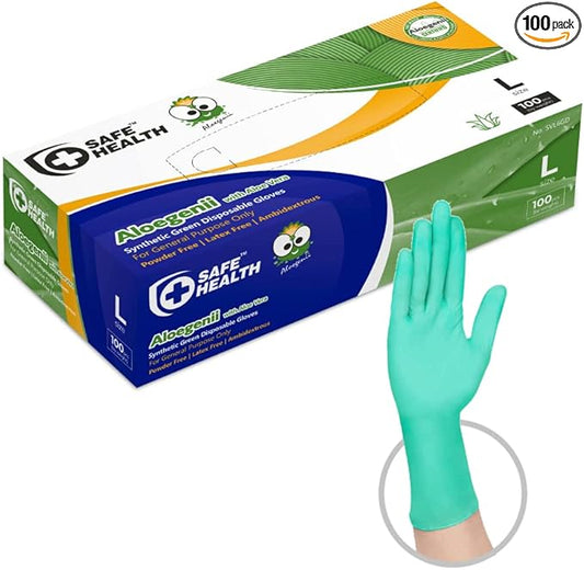 Safe Health Aloegenii HD Green Vinyl Disposable Gloves, Aloe Vera Coated, 5.5 mil, Box of 100, Large, Latex Free, Powder Free, Cleaning, Food Service, Office, Janitorial