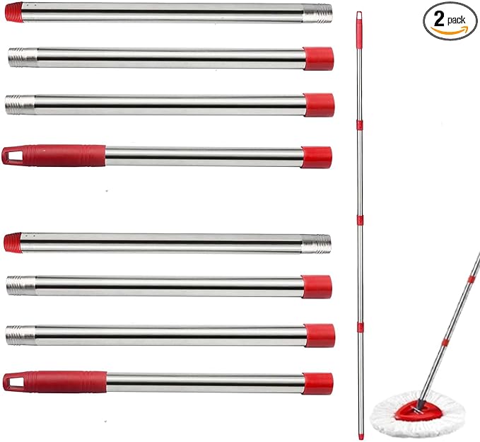 Spin Mop Replacement Handle, 4-Section 30-to-58 inch Mop Replacement Stick Compatible with Ocedar Mop Handle for Easy Wring Mop Refills, Germany Screw Joint (Red 2 Pack)