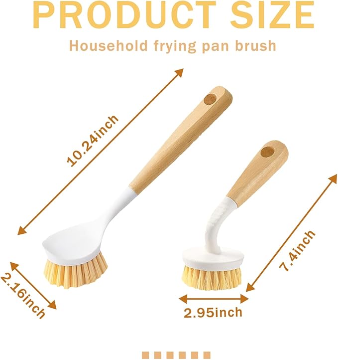 Dish Brush with Handle, Long and Short Handle Kitchen Scrub Brushes with Tough Bristles, Natural Dish Scrubber Brush for Dishes, Pans, Pots and Kitchen Sink Cleaning, 2 Pack White