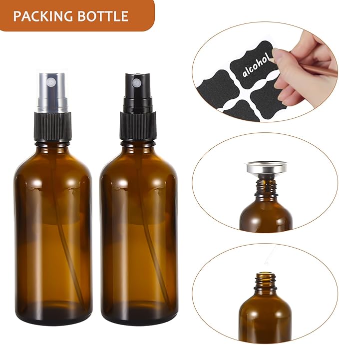3.4oz Amber Glass Spray Bottles,Empty Fine Mist Refillable Travel Spray Bottle for Cleaning,Perfume,Aromatherapy,Cosmetic Sprays,Hair,Essential Oils with Fine Mist Dispenser（3 Pack）