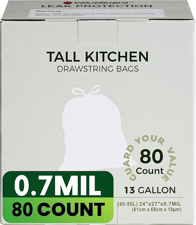 Large Trash Bag 13 Gallon Tall Drawstring 100% Post-Consumer Recycled Garbage Bag Waste Bag for Kitchen Office (80 Count, 0.7 Mil)