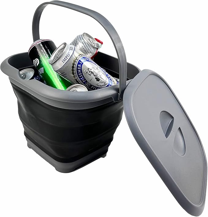 SAMMART 8.5L (2.2 Gallon) Collapsible Square Handy Bucket with Lid/Foldable Square Water Pail with Lid/Portable Tub with Handle and Lid (Grey/Black (Set of 2))