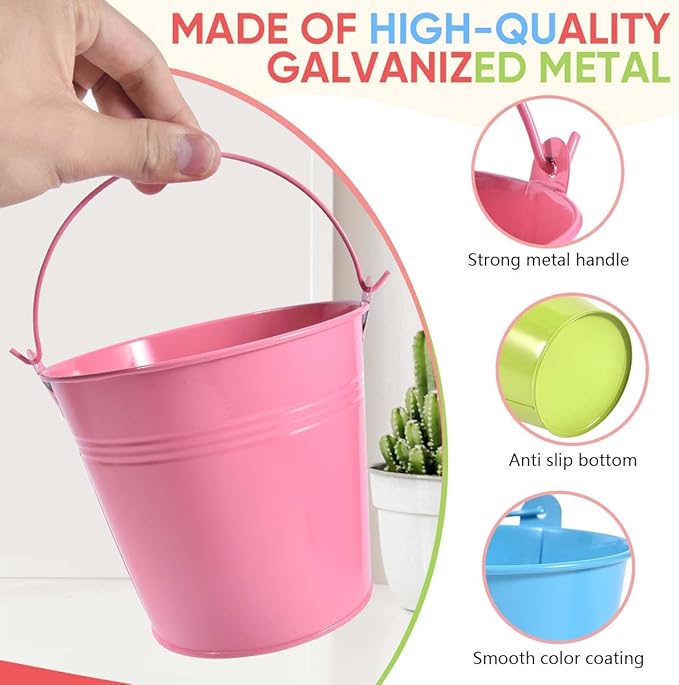 OBTANIM 7 Pack Colorful Metal Buckets with Handle Galvanized Ice Pails for Plants, Succulents, Party Favors Organizing, Rustic Home Decor or Classrooms Pencil Storage (5.1 x 3.6 inch)