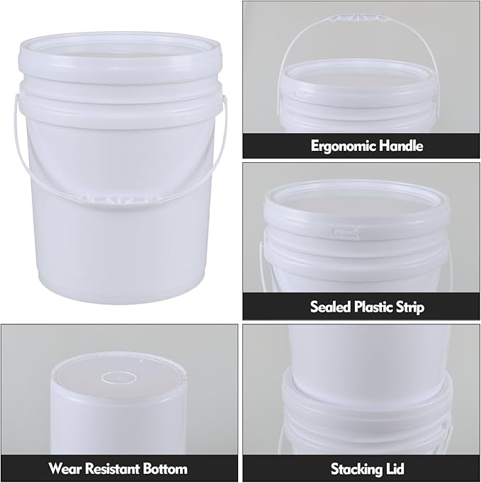 7 Gallon Plastic Bucket with Airtight Lid, Food Grade All Purpose Pail Built-in Handle, White (Pack of 4)