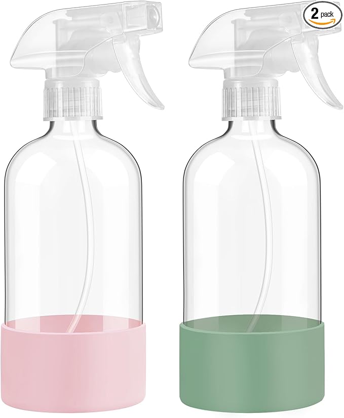 Glass Spray Bottles with Silicone Sleeve Protection, 16 oz Empty Refillable Containers, Reusable Spray Bottles with Adjustable Nozzle for Hair, Cleaning Solutions,Plants , 2 Pack Olive Green&Pink
