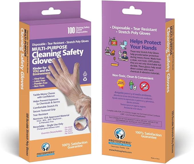Protospheric Premium Disposable Stretch Cleaning Safety Gloves, Nitrile, Vinyl, Latex and Powder Free