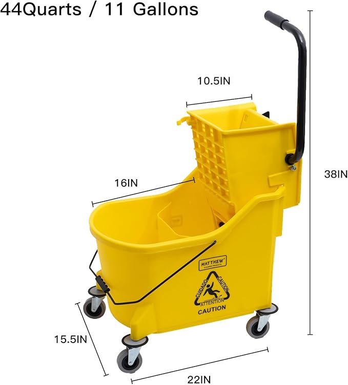 Matthew Cleaning 44Quart Commercial Mop Bucket INCL.Wet String Mop& 19'' Industrial Wet Floor Sign with Side Press Wringer On Wheels,Tandem Portable Floor Cleaning Wavebrake,Ideal for Household