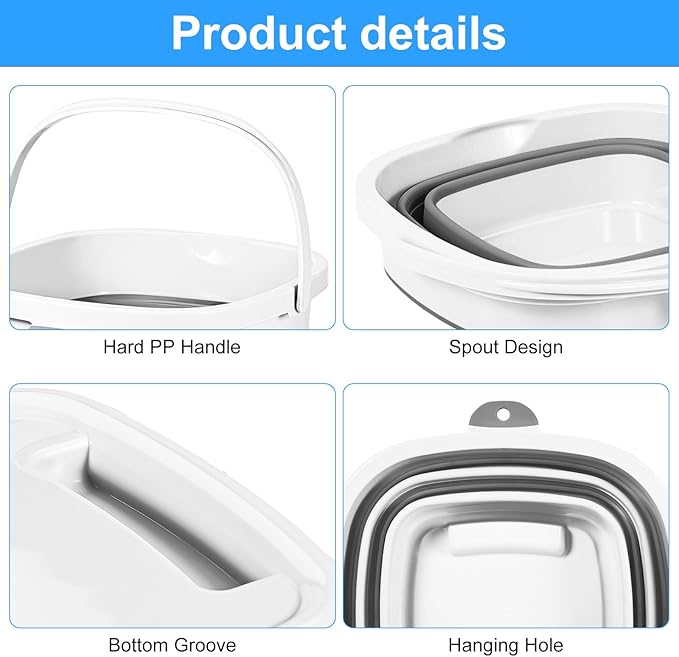 2 Pack 2.6 Gallon(10L) Collapsible Plastic Buckets with Handle Compact Cleaning Square Storage Bucket Portable Water Tub Outdoor Water Pail for Garden Hiking Fishing Camping (White)