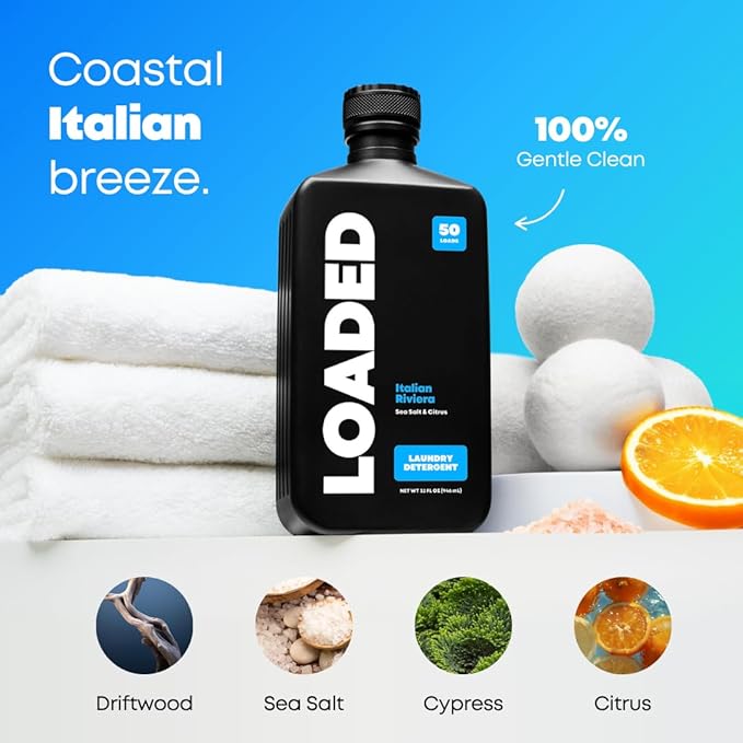 Loaded Laundry Detergent, Cologne Scented | 50 Loads | Sea Salt & Citrus | Non-Toxic & Skin-Friendly | Made in USA | 32 oz