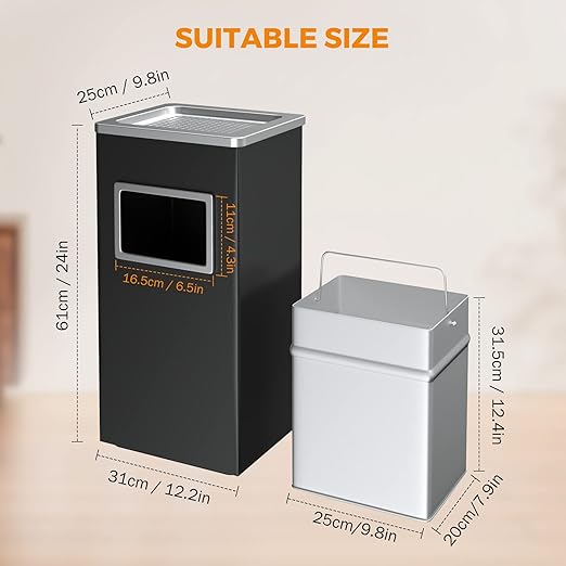 BEAMNOVA Trash Can Indoor Outdoor Black Stainless Steel Commercial Garbage Can Industrial Garbage Enclosure Inside Cabinet with Lid Waste Container, Black, 31 * 25 * 61 cm / 12.2 * 9.8 * 24 in