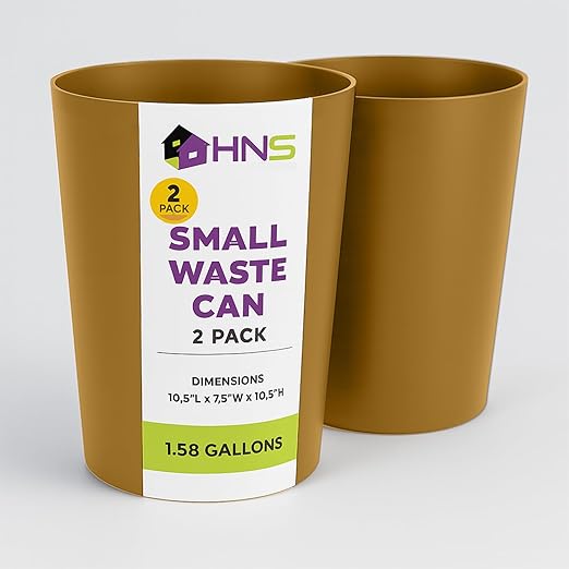 Mini Waste Basket - Pack of 2 Durable Small Plastic Garbage Trash Can Bin - Lidless Open-Top Rectangular Slim Profile for Compact Spaces - Suitable for Home, Bathroom, Office & More, Soft Brass