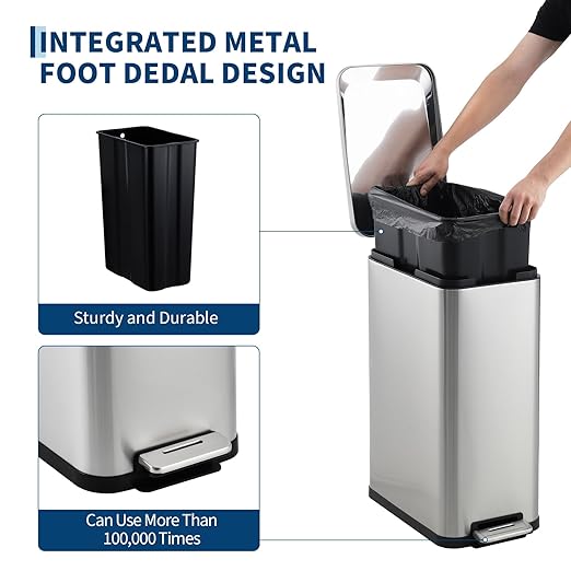 Garvee 13 Gallon Kitchen Trash Can, Stainless Steel Step Garbage Bin with Soft-Close Lid & Removable Bucket, Fingerprint Proof, Slim for Narrow Spaces, Bathroom or Office