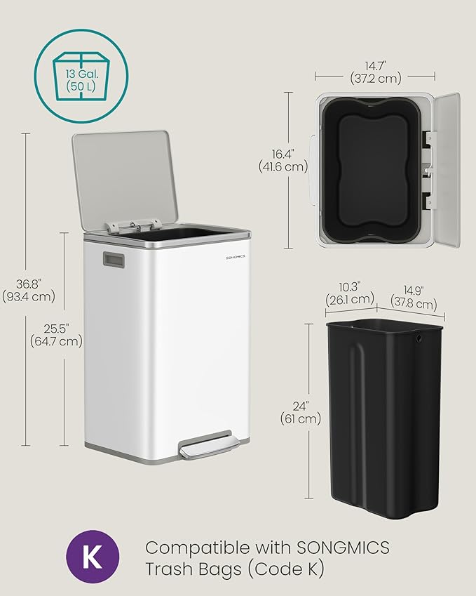 SONGMICS Trash Can, 13-Gallon Gabbage Can, with 15 Trash Bags, Steel, with Soft-Close Lid, Removable Inner Bucket, Handles, Cloud White ULTB595W01V1