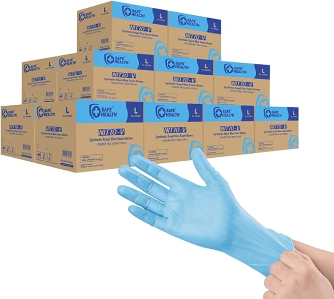 Safe Health NITRO-V Nitrile-Vinyl Synthetic Exam Disposable Gloves, Bulk Supply of 16000, Latex Free, Powder Free, Blue, Large, Medical Grade, Clinic, Nursing, Food, Hair Salon, Cleaning, Housework